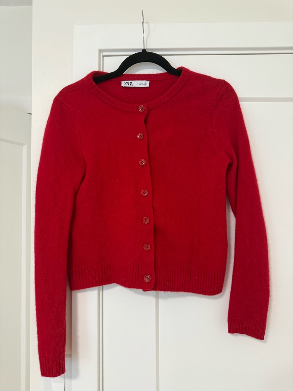 ZARA Red Button-Front Crewneck Cardigan